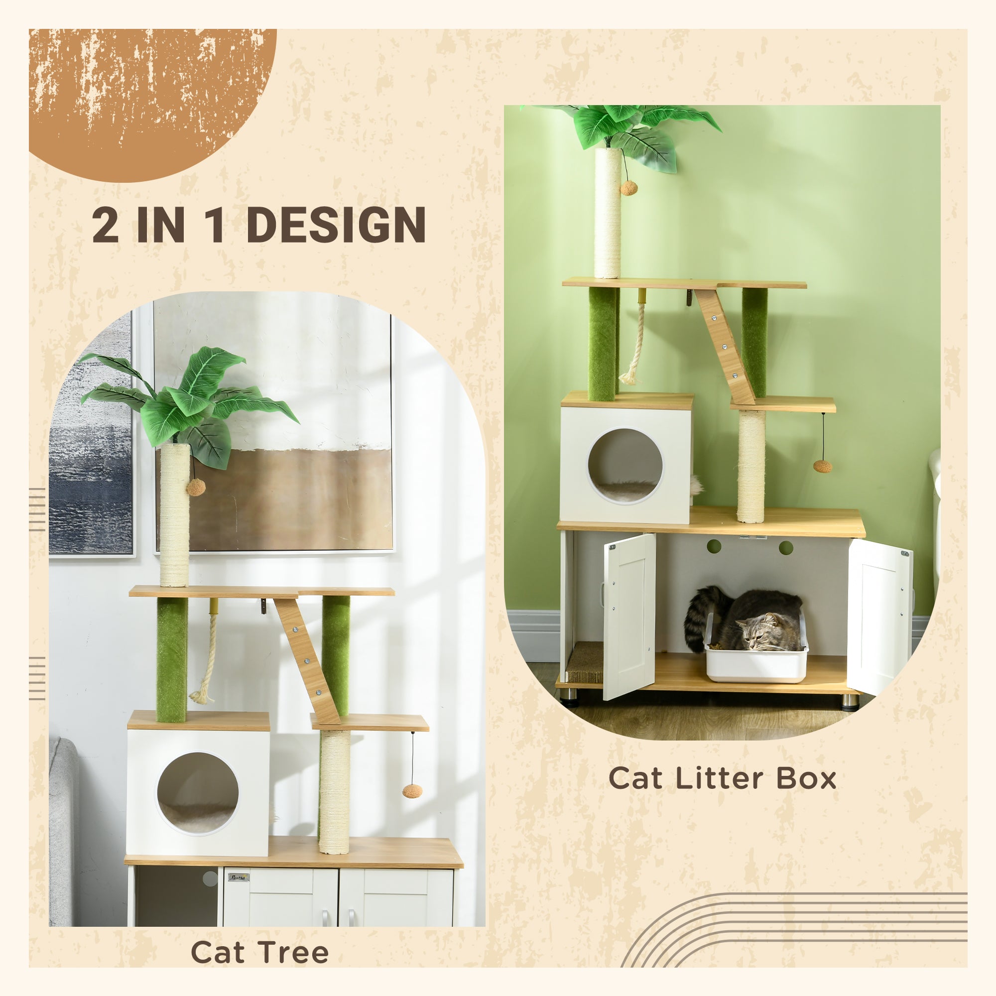 Cat Tree w/ Hidden Litter Box Enclosure, 2 in 1 Green Leaf Cat Tower Litter Box Furniture w/ House, Ladder, Scratching Posts