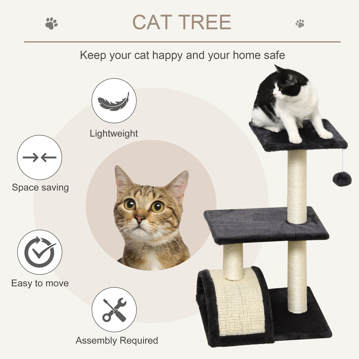 PawHut Cat Tree Tower with Scratching Post, Curved Scratching Pad & Plush Perches Cat Tree PawHut