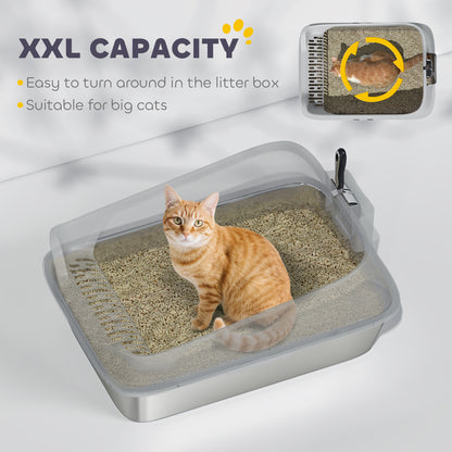 PawHut XXL Stainless Steel Cat Litter Box with High Sides, Metal Scoop, 70 x 50 x 30 cm PawHut