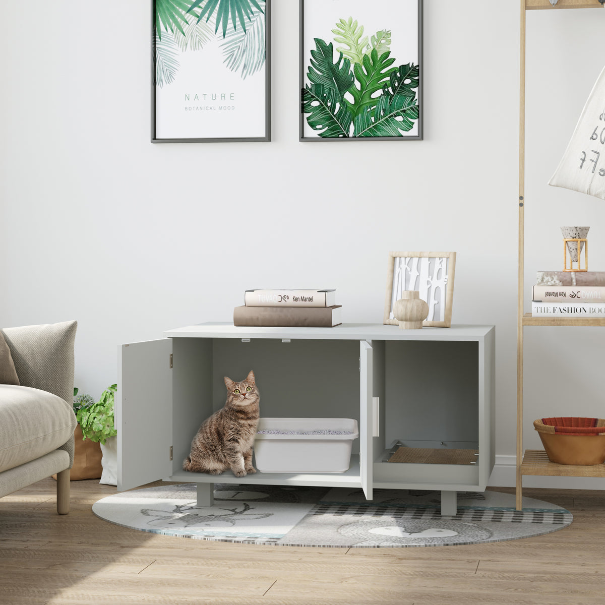PawHut Wooden Cat Litter Box Enclosure & House with Nightstand/End Table Design, Scratcher, & Magnetic Doors, Grey PawHut