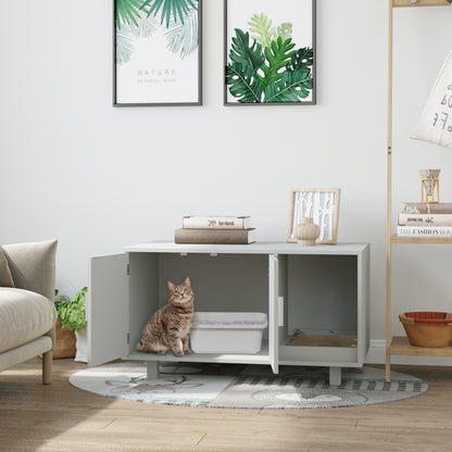 PawHut Wooden Cat Litter Box Enclosure & House with Nightstand/End Table Design, Scratcher, & Magnetic Doors, Grey PawHut