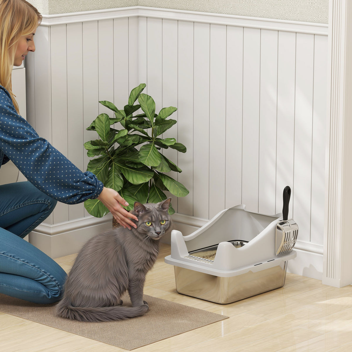 PawHut Stainless Steel Cat Litter Box with High Sides, Metal Scoop, 43 x 33 x 25 cm PawHut