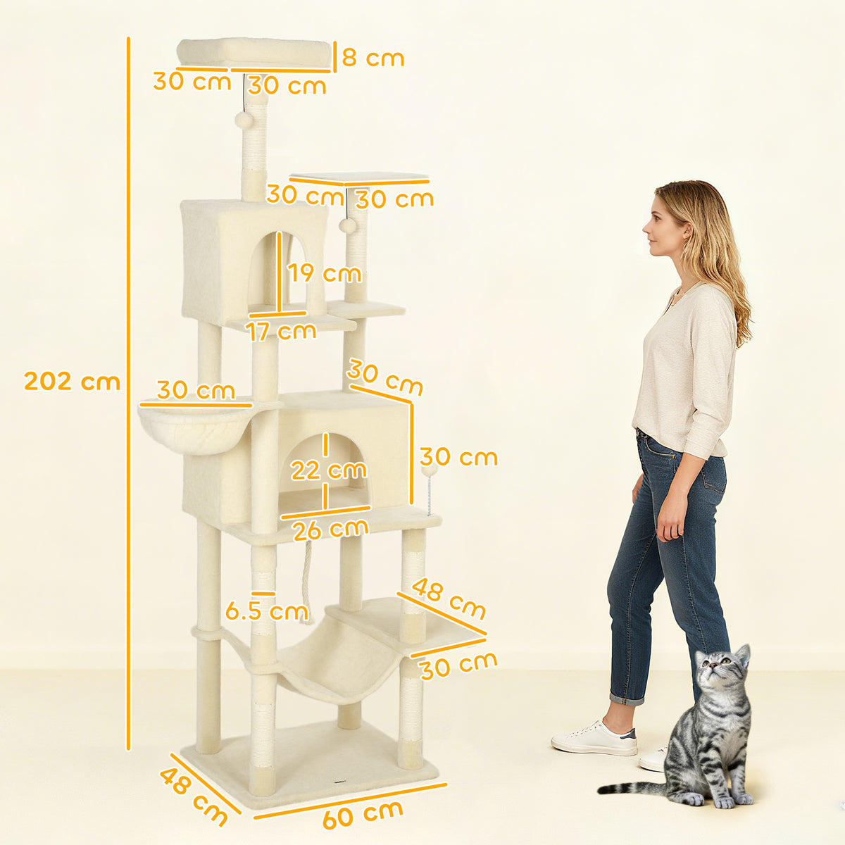 PawHut 202cm Cat Tree with 6 Scratching Posts, 2 Hammocks, 2 Condos, 2 Perches, Pompoms, for Cats to Rest and Play, Beige PawHut