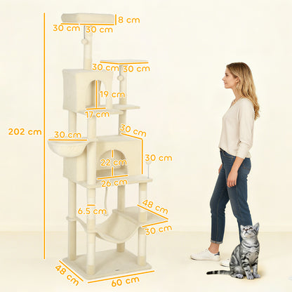 PawHut 202cm Cat Tree with 6 Scratching Posts, 2 Hammocks, 2 Condos, 2 Perches, Pompoms, for Cats to Rest and Play, Beige PawHut