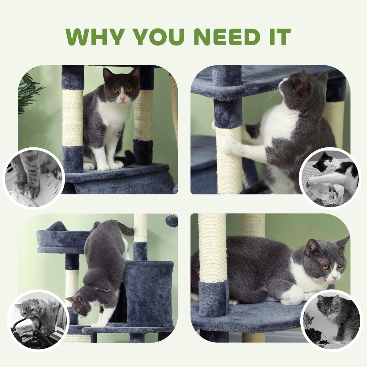 PawHut 206cm Cat Tree, Multi-Level Cat Tower with Scratching Posts and Board, Beds, Condos, Platforms, Toy Balls, Dark Grey PawHut