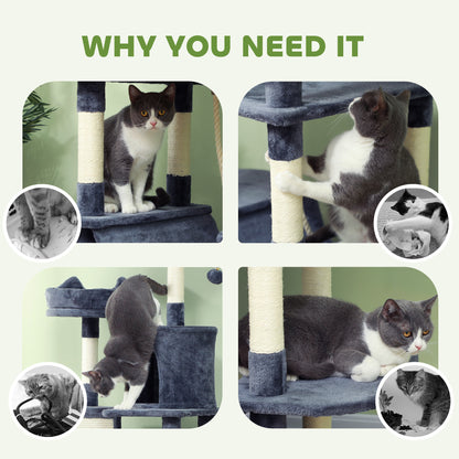 PawHut 206cm Cat Tree, Multi-Level Cat Tower with Scratching Posts and Board, Beds, Condos, Platforms, Toy Balls, Dark Grey PawHut