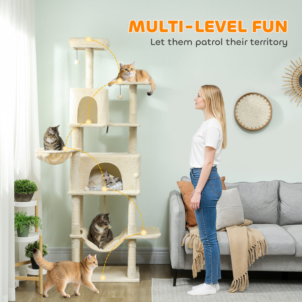 PawHut 202cm Cat Tree with 6 Scratching Posts, 2 Hammocks, 2 Condos, 2 Perches, Pompoms, for Cats to Rest and Play, Beige PawHut