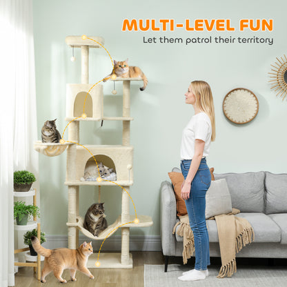 PawHut 202cm Cat Tree with 6 Scratching Posts, 2 Hammocks, 2 Condos, 2 Perches, Pompoms, for Cats to Rest and Play, Beige PawHut