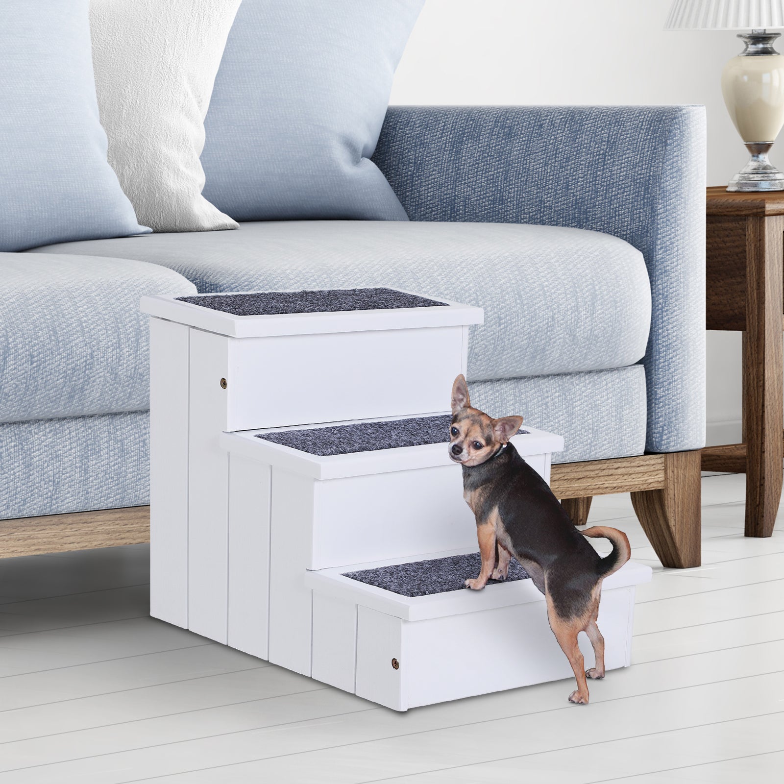 3 Step Wooden Pet Stairs, Carpeted Ramp for Cats & Small Dogs, Non-Slip Carpet, Compact, White