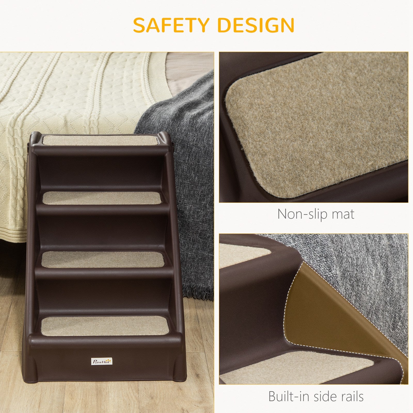 Foldable Pet Stairs, 4-Step for Cats Small Dogs with Non-slip Mats, Dark Brown