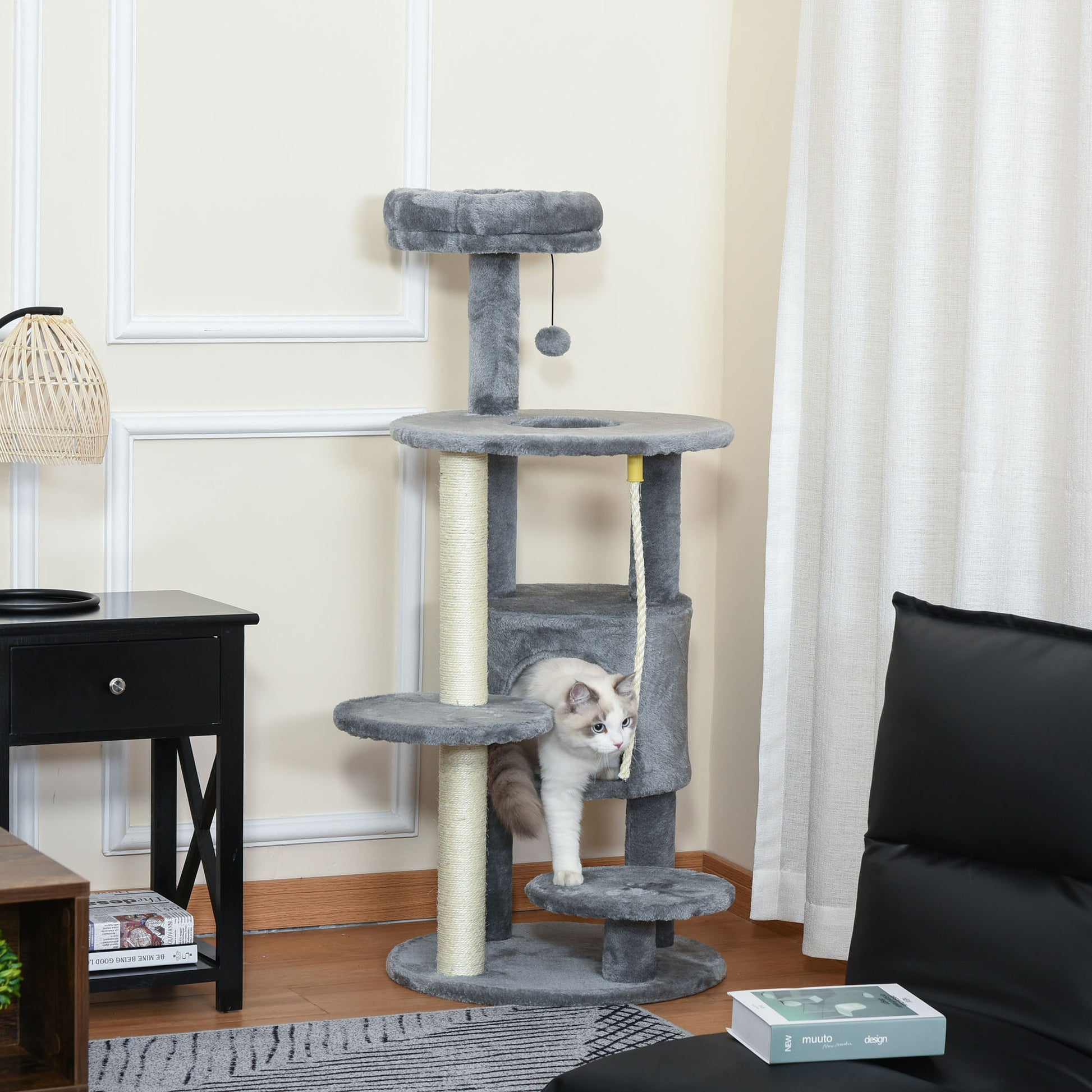 Cat Tree Tower With Jute Scratching Post Perch Hanging Ball Aosom UK