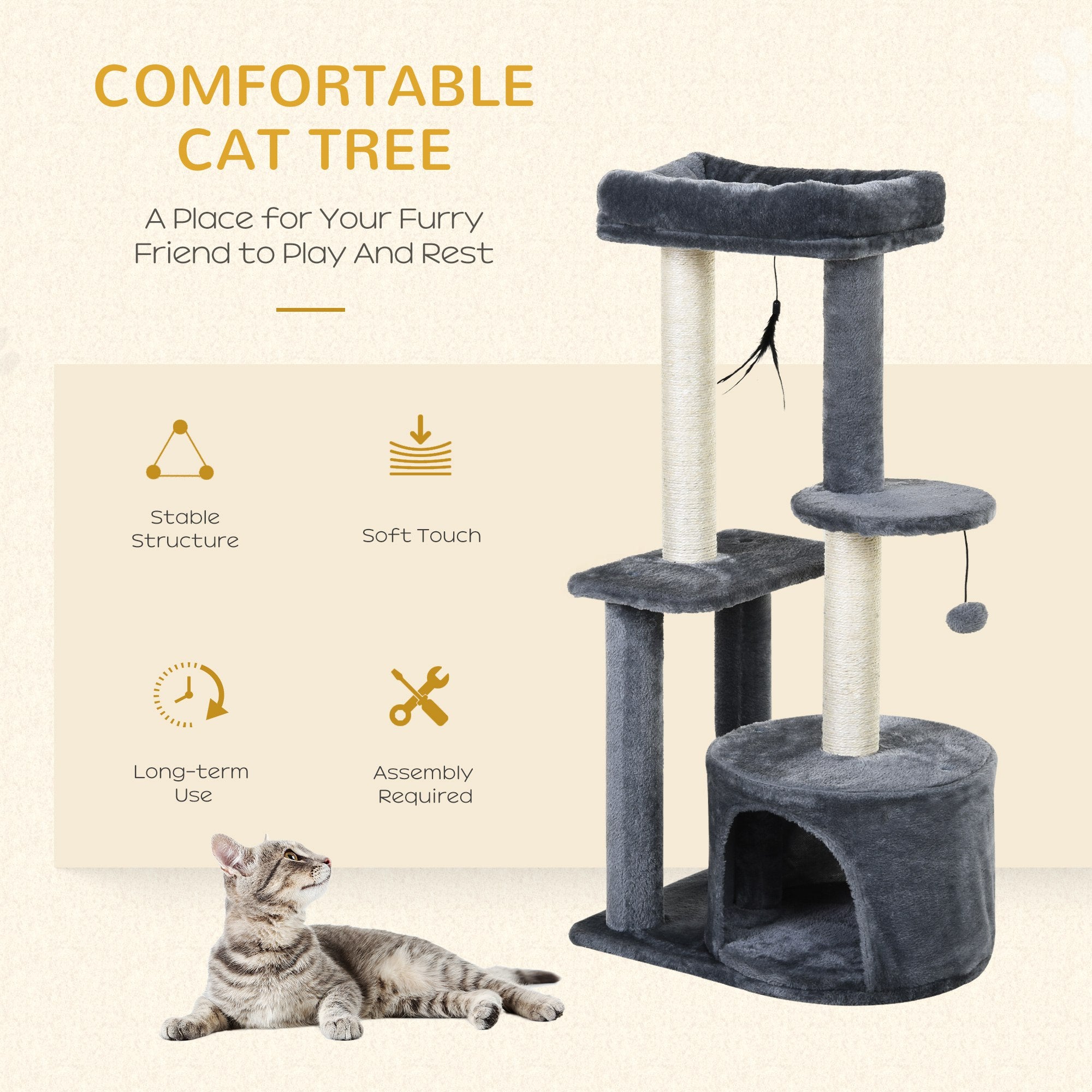 Cat Tree Tower: Multi-Activity Centre with Perch, House, Scratching Post, Play Ball & Rest Area, Grey & White
