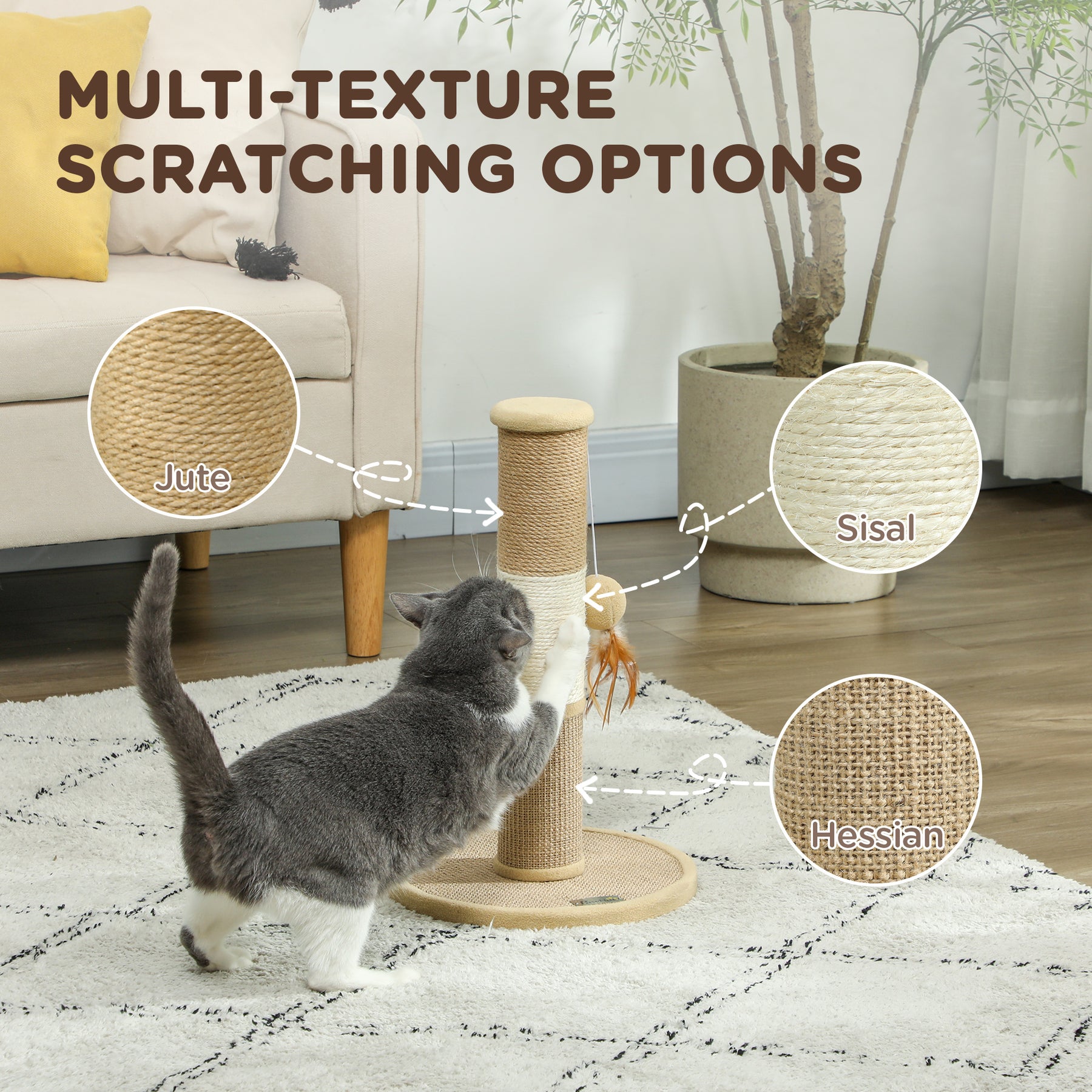 Cat Scratching Post for Indoor Cats, Cat Scratcher with Jute Sisal Rope, Hanging Toy Ball, Feather, Brown