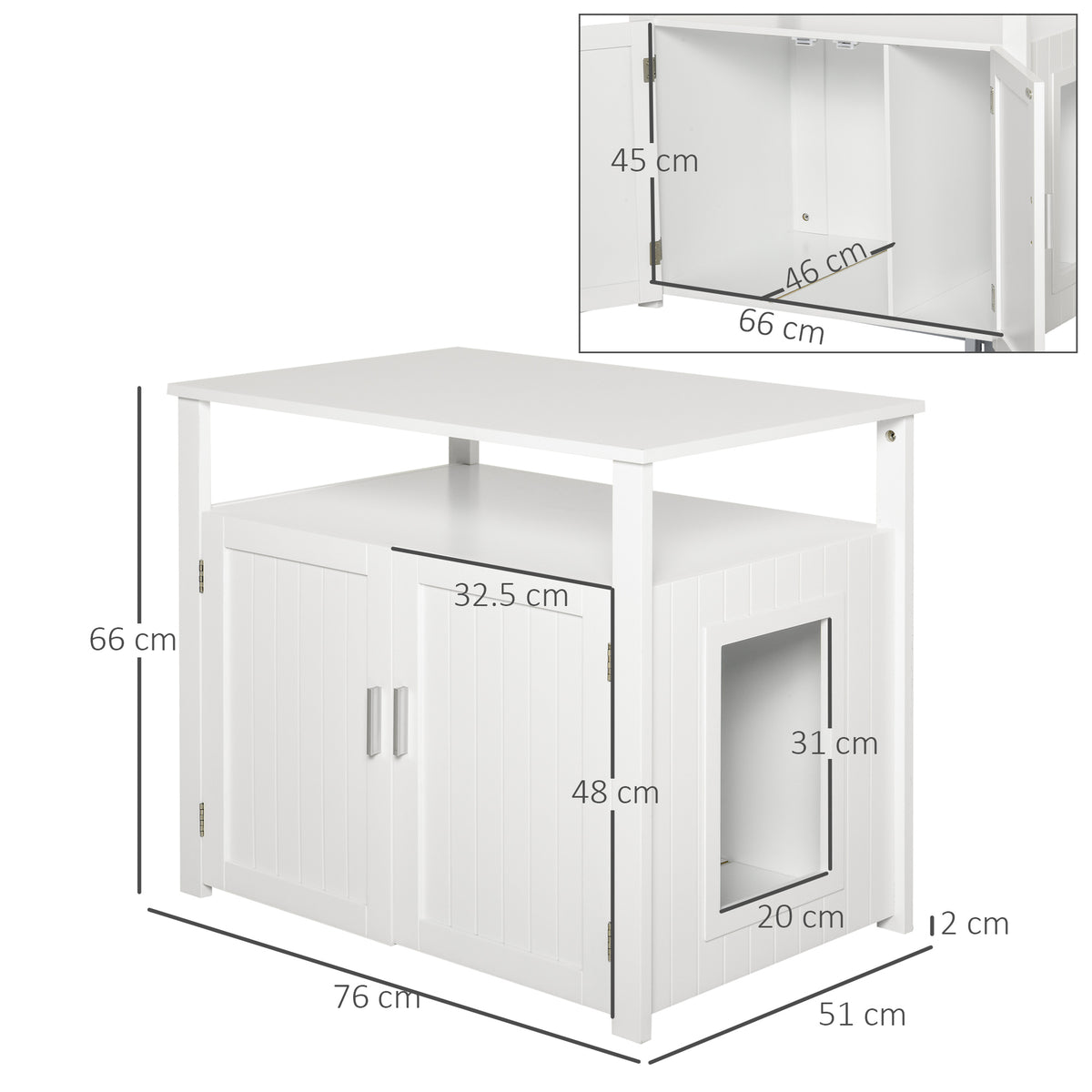 PawHut Wooden Cat Litter Box Enclosure Furniture with Adjustable Interior Wall & Large Tabletop for Nightstand, White PawHut