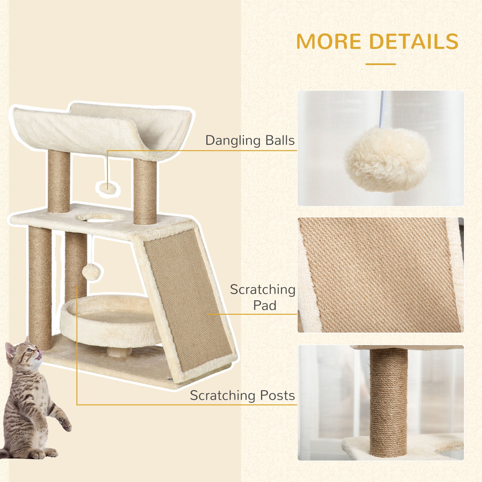 Cat Climbing Tree, Scratch Pad, Cosy Bed Perch, Play Ball, for Indoor Cats, Light Brown