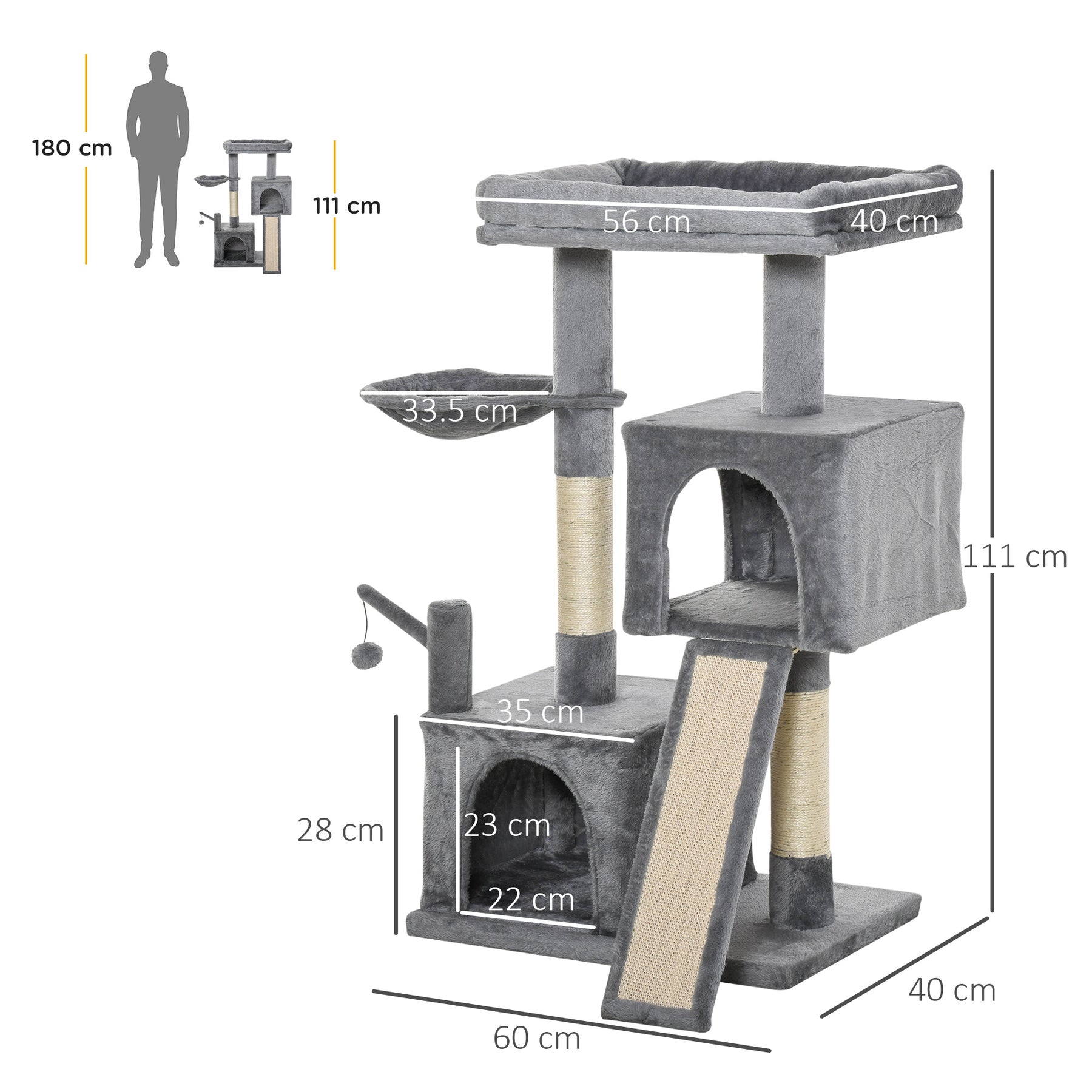 Cat tree Tower Climbing Kitten Activity Centre with Sisal Scratching Post Pad Perch Hanging Ball Hammock Condo Toy Grey