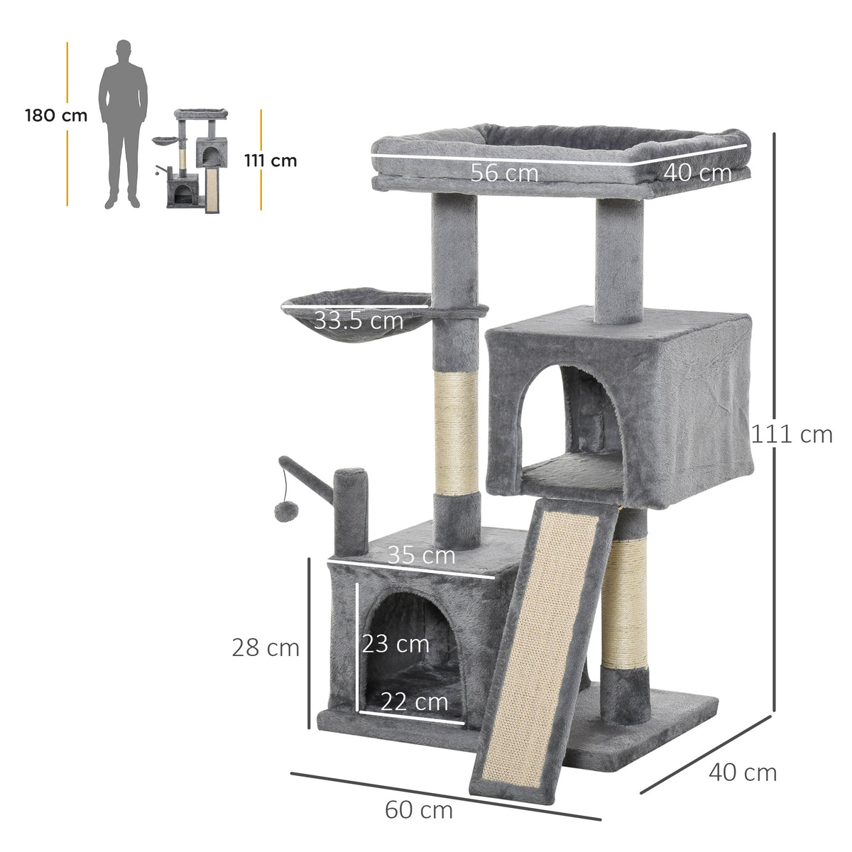PawHut Multi-Level Cat Tree with Scratching Posts, Two Condos & Hammock – 111cm Cat Tower Multi-Level Cat Tree PawHut