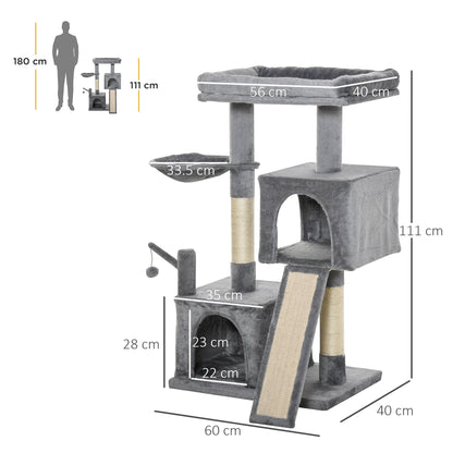 PawHut Multi-Level Cat Tree with Scratching Posts, Two Condos & Hammock – 111cm Cat Tower Multi-Level Cat Tree PawHut