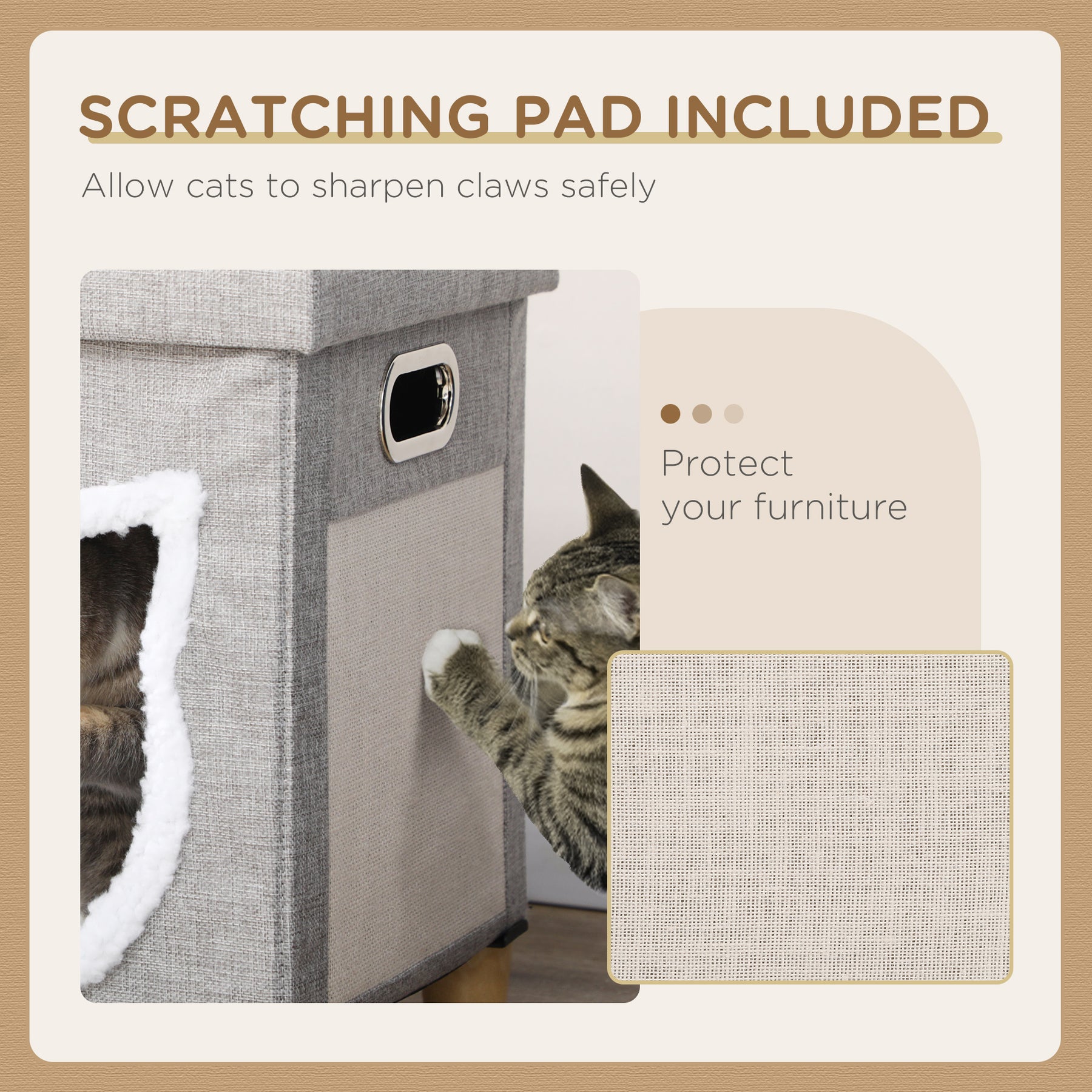 Cat Ottoman Bed 2-in-1, Cosy Cave with Cushion, Scratcher, Handles, Anti-Slip, Toy Ball, Grey