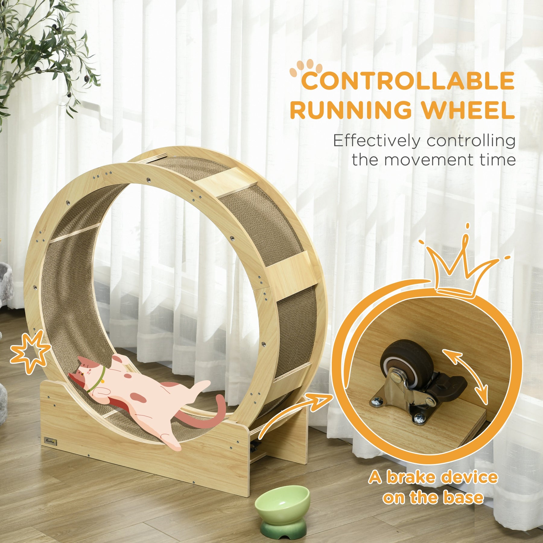 Cat Wheel with Brake, Scratching Pads, Oak