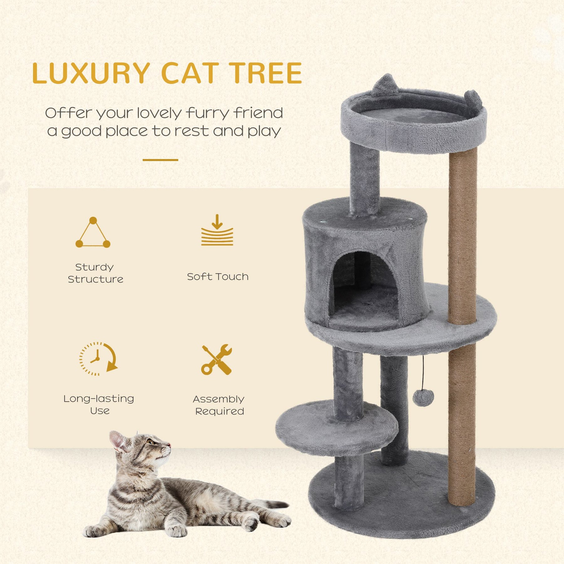 Deluxe Cat Tree with 3-Tier, Scratching Posts, Play Ball, and Plush Toy for Climbing and Relaxing, Grey