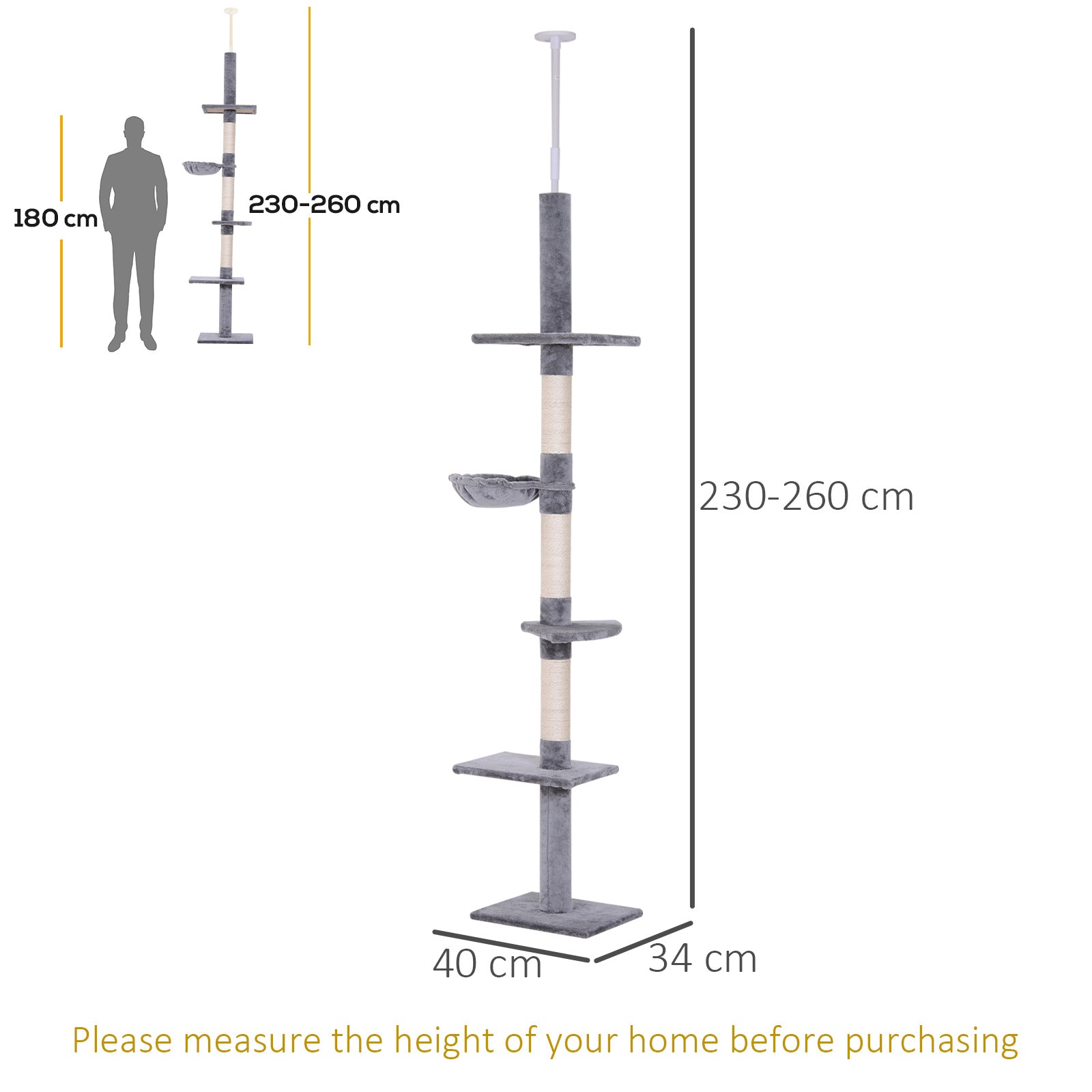Cats Floor to Ceiling Scratching Post w/ 5-Tier Plush Leisure Platforms Grey