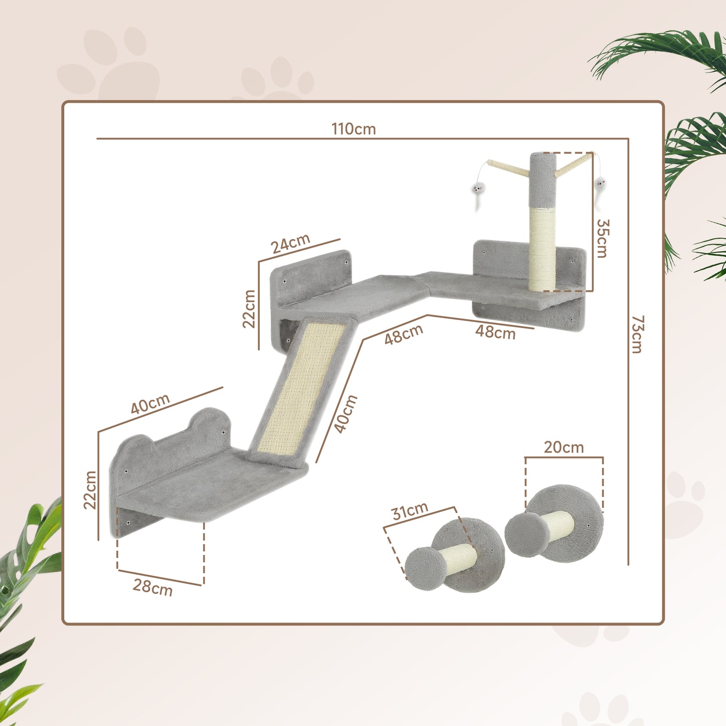 Cat Shelves with Scratching Posts, Scratching Pads, Perches, Cat Wands, Toy Balls, 3PCs for Indoor Light Grey