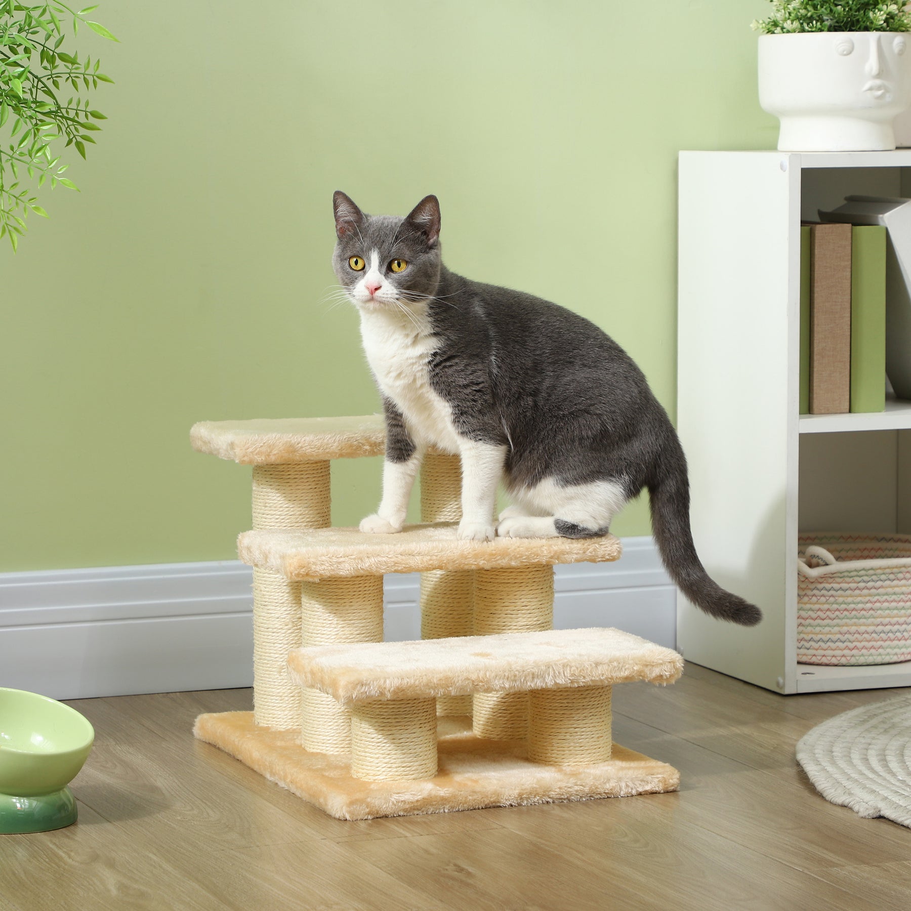 Pet Steps, 3-Step Climber Ladder for Cats & Dogs, Plush Surface, Portable for Older Animals Assistance, Cream
