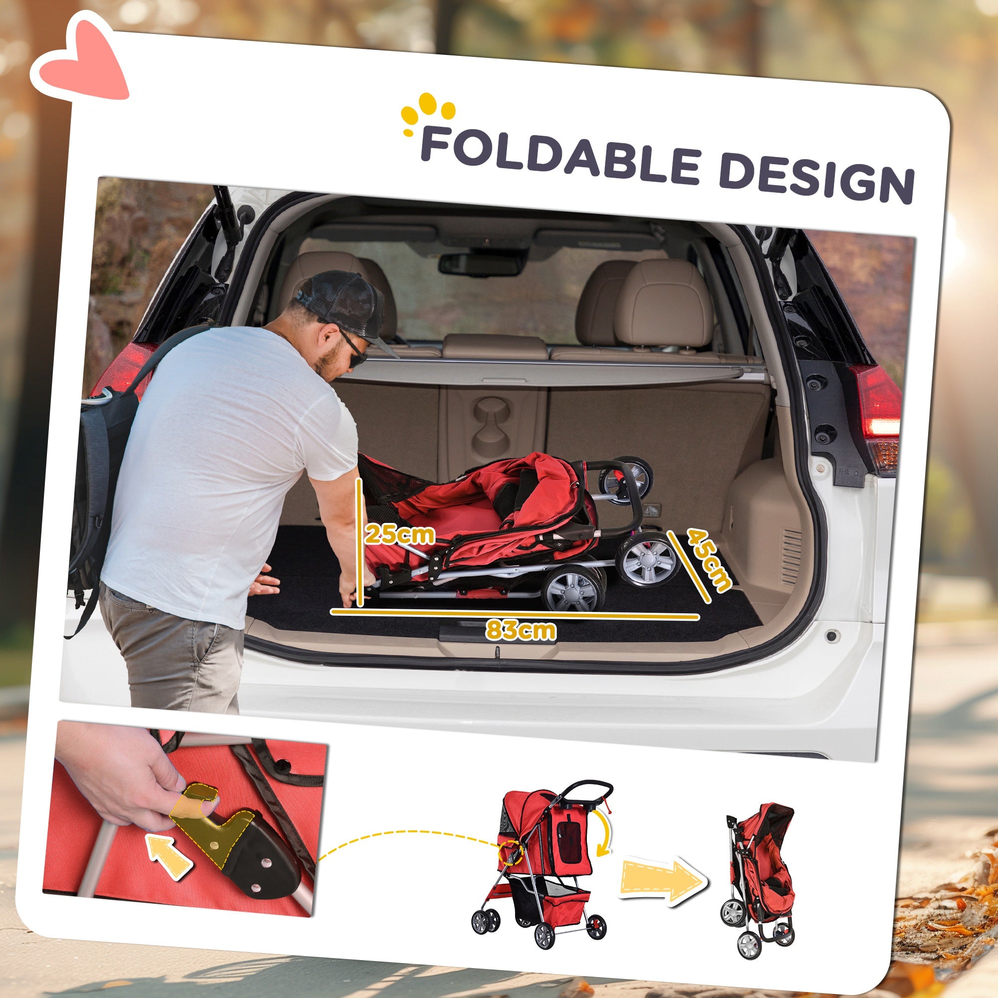 Pet Stroller, Dog Pram, Foldable Pushchair, Cat Travel Carriage with Wheels, Zipper Entry, for Small Pets, Red