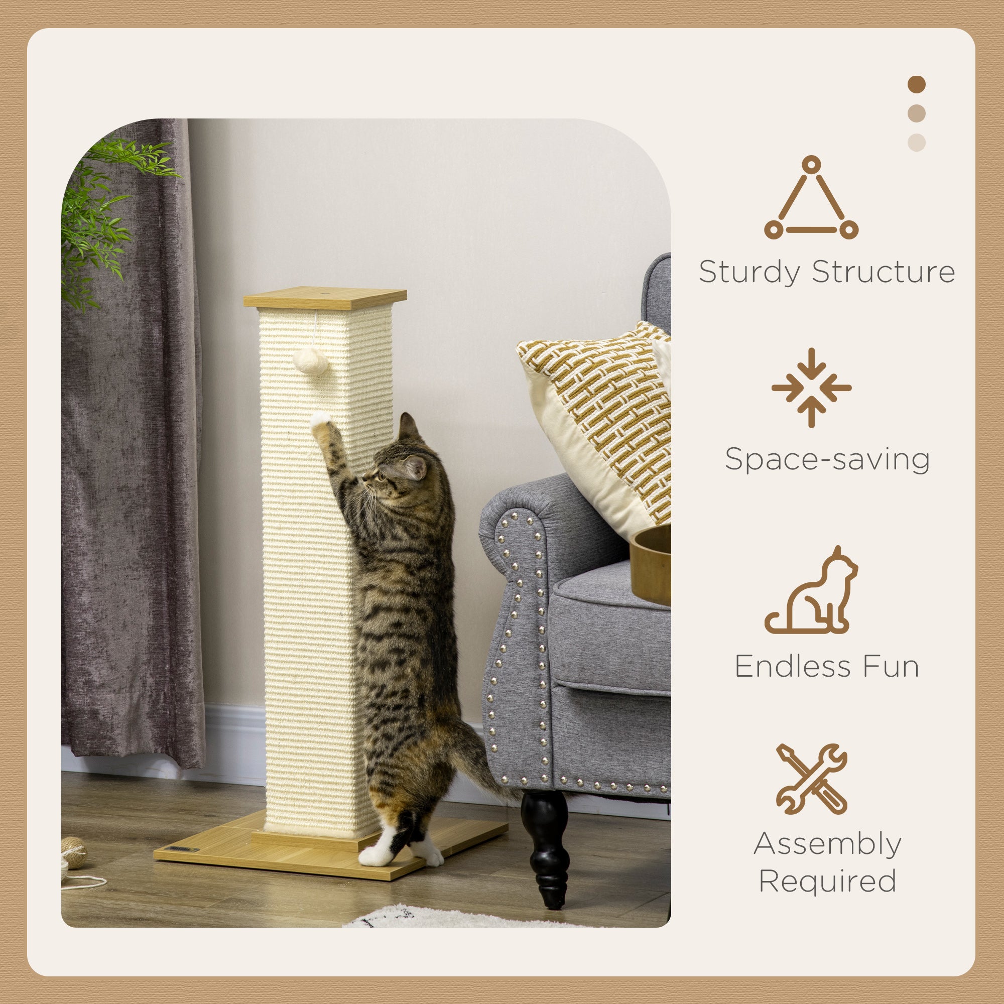 Tall Cat Scratching Post, 80cm Sisal Rope Climbing Tree with Play Ball, Durable Pet Activity Centre