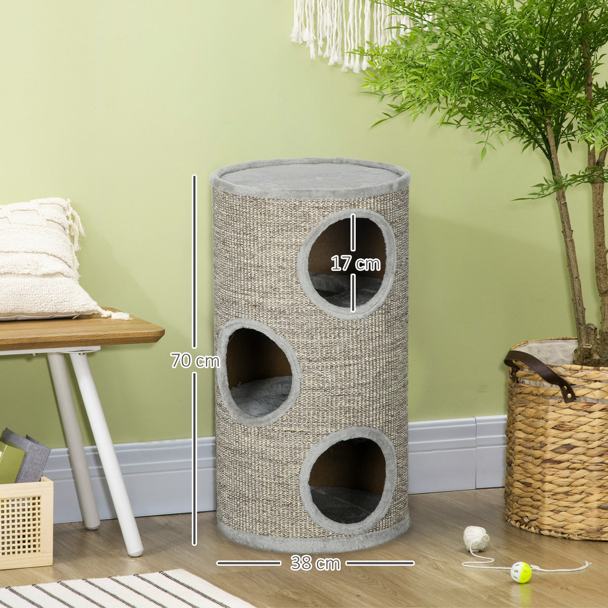 PawHut Cat Scratching Barrel 70cm with 3 Tiers – Light Grey Cat Scratching Barrels PawHut