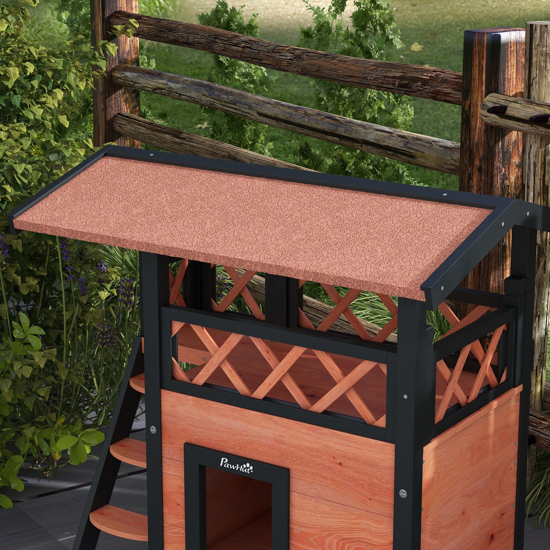 Cat House Outdoor w/ Balcony Stairs Roof, Brown