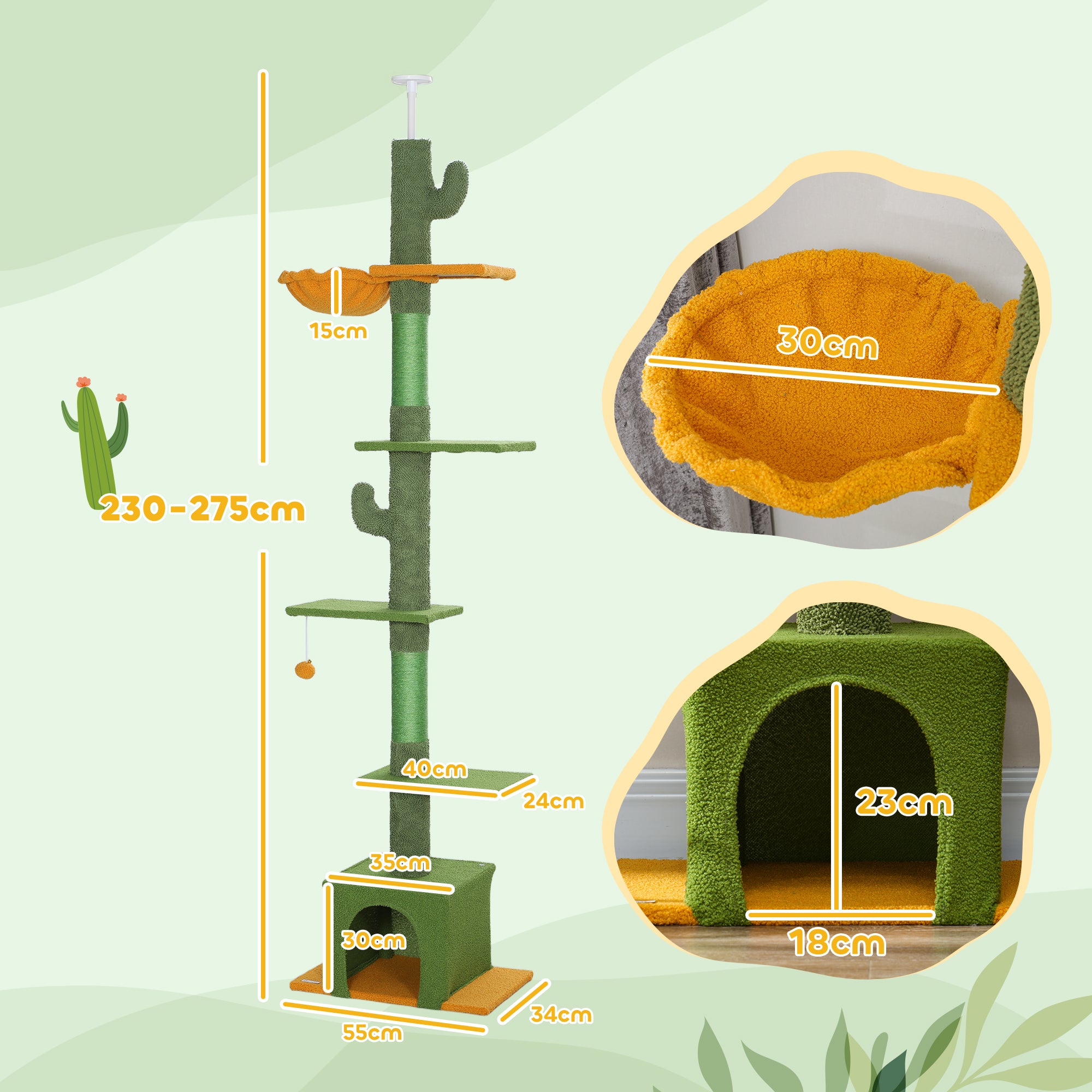 Floor-to-Ceiling Adjustable Cat Tree with Scratching Posts, Hammock