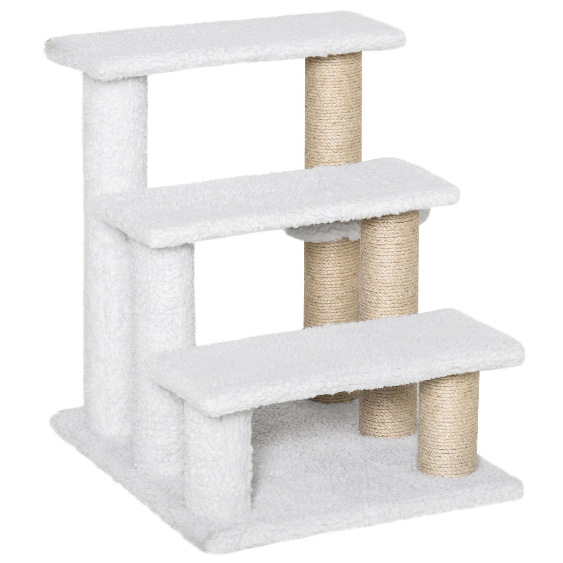 Pet Stair with 3-step Climb Ladder, Scratching Posts, Platforms, Toy Ball, for Indoor Cats Kittens, White
