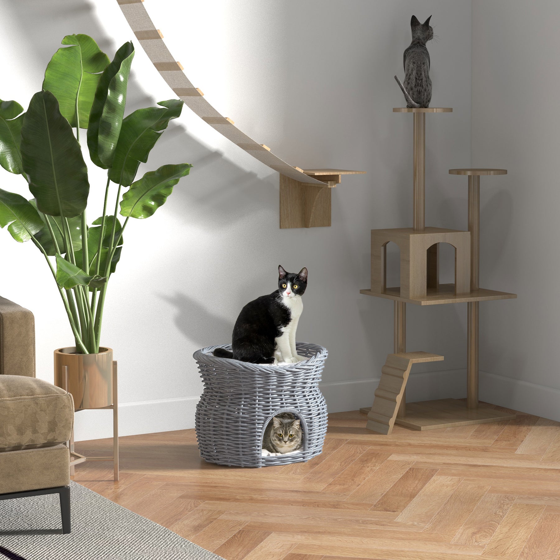 Wicker Cat House, 2-Tier Elevated Pet Bed Basket, Willow Kitten Tower with Washable Cushions, Grey