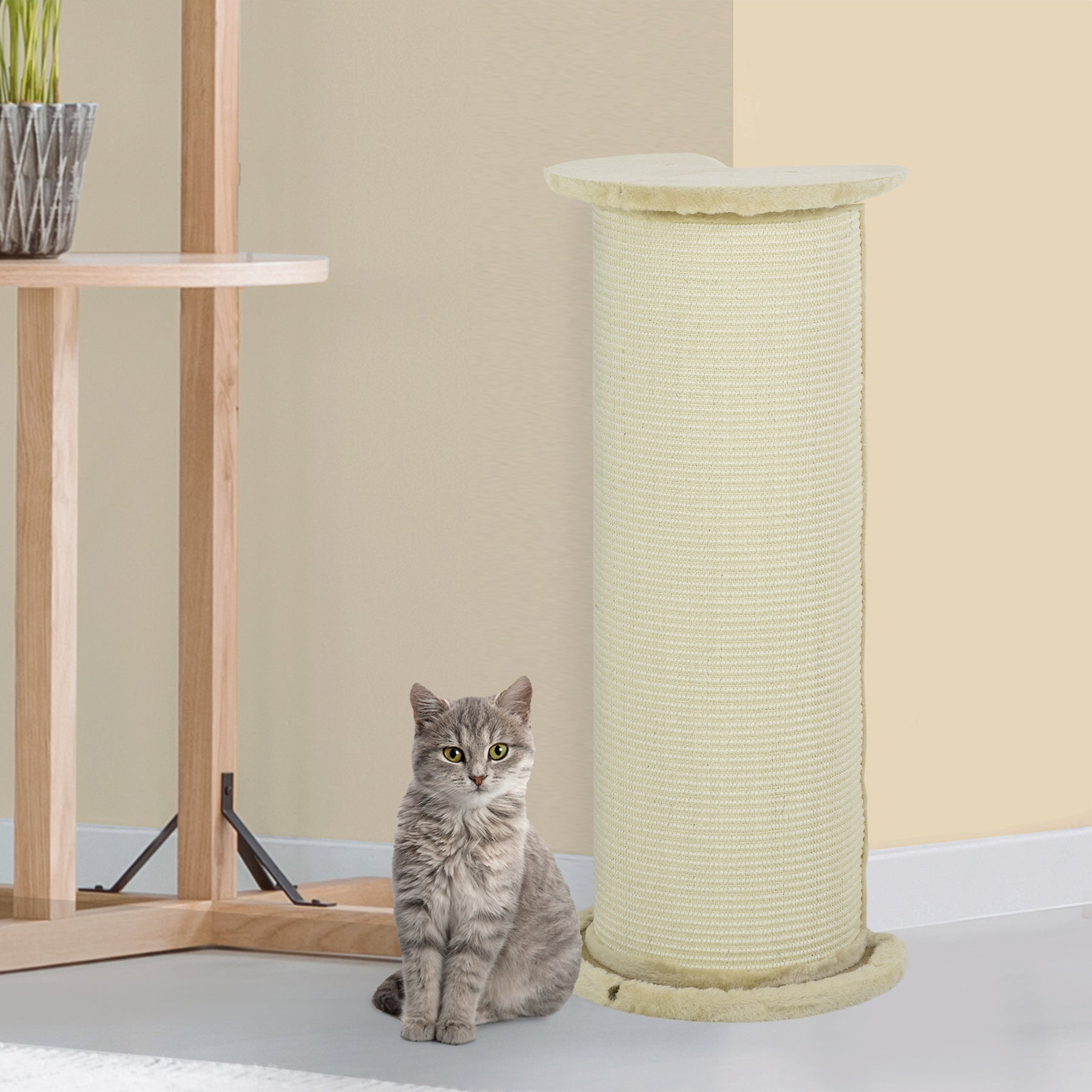 Cat Scratching Post: 85cm Tall with Sisal Rope, Soft Plush Cover, Anti-Tip Design for Indoor Use, Beige