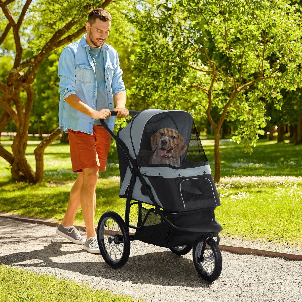 PawHut Foldable Pet stroller, Dog Buggy with Three Wheels, for Small/Medium Dogs, Grey PawHut