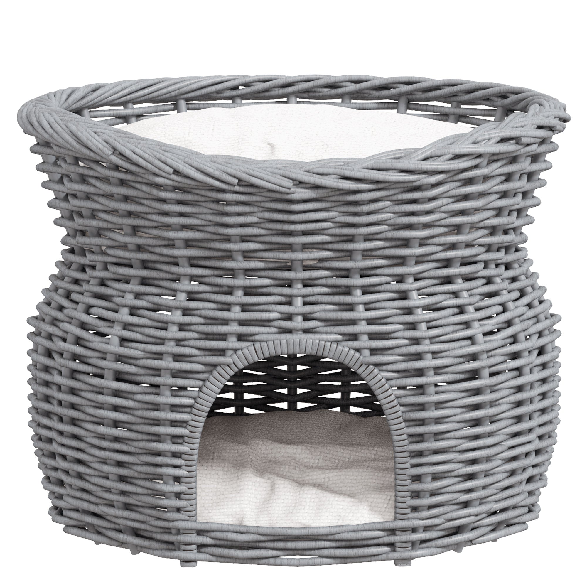Wicker Cat House, 2-Tier Elevated Pet Bed Basket, Willow Kitten Tower with Washable Cushions, Grey