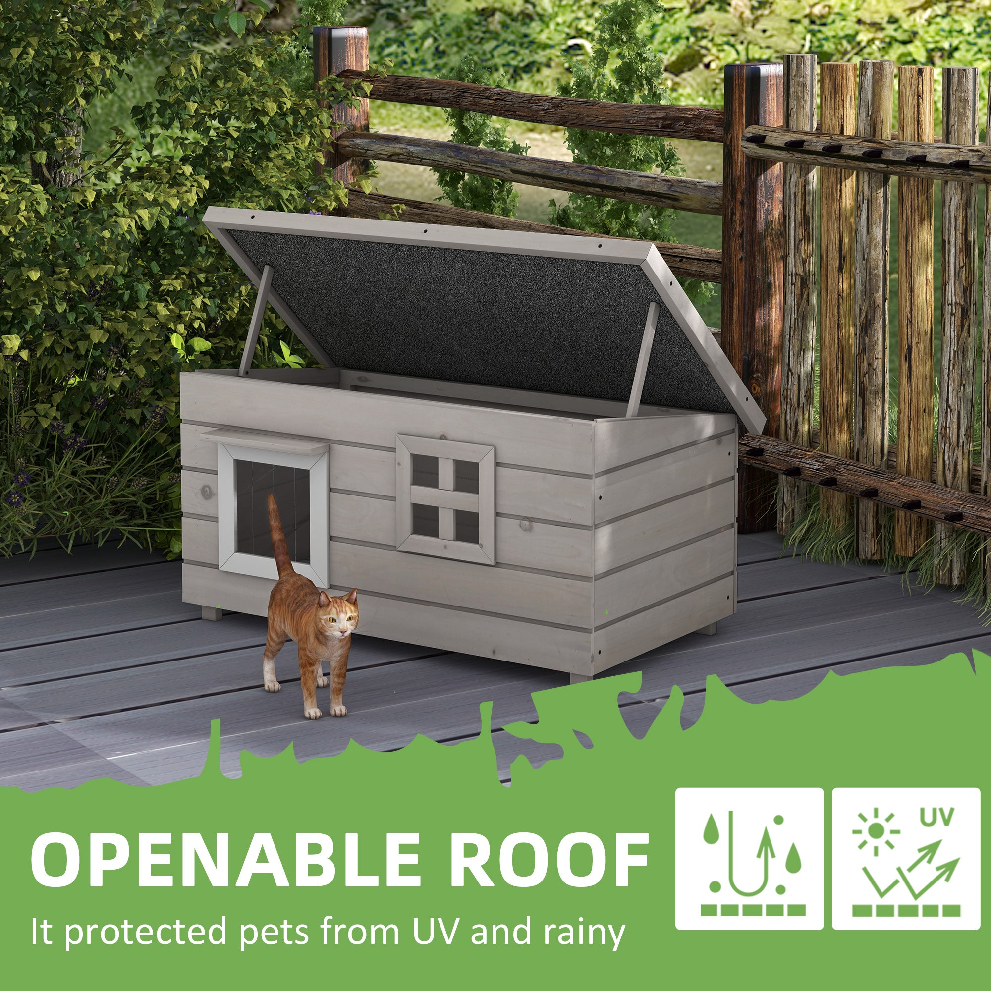 Wooden Cat House Outdoor, Elevated Cat Shelter Kennel, Pet Play House with Openable Top, Asphalt Roof, Window, Grey