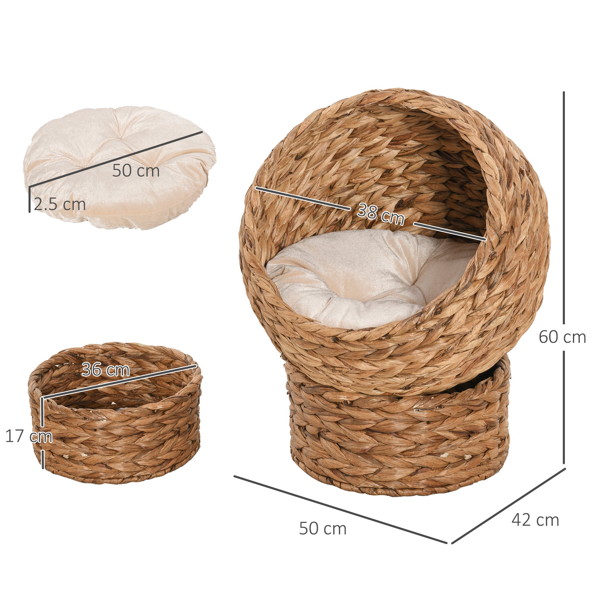 Wicker Cat Bed, Elevated Rattan Basket with Soft Washable Cushion, Brown