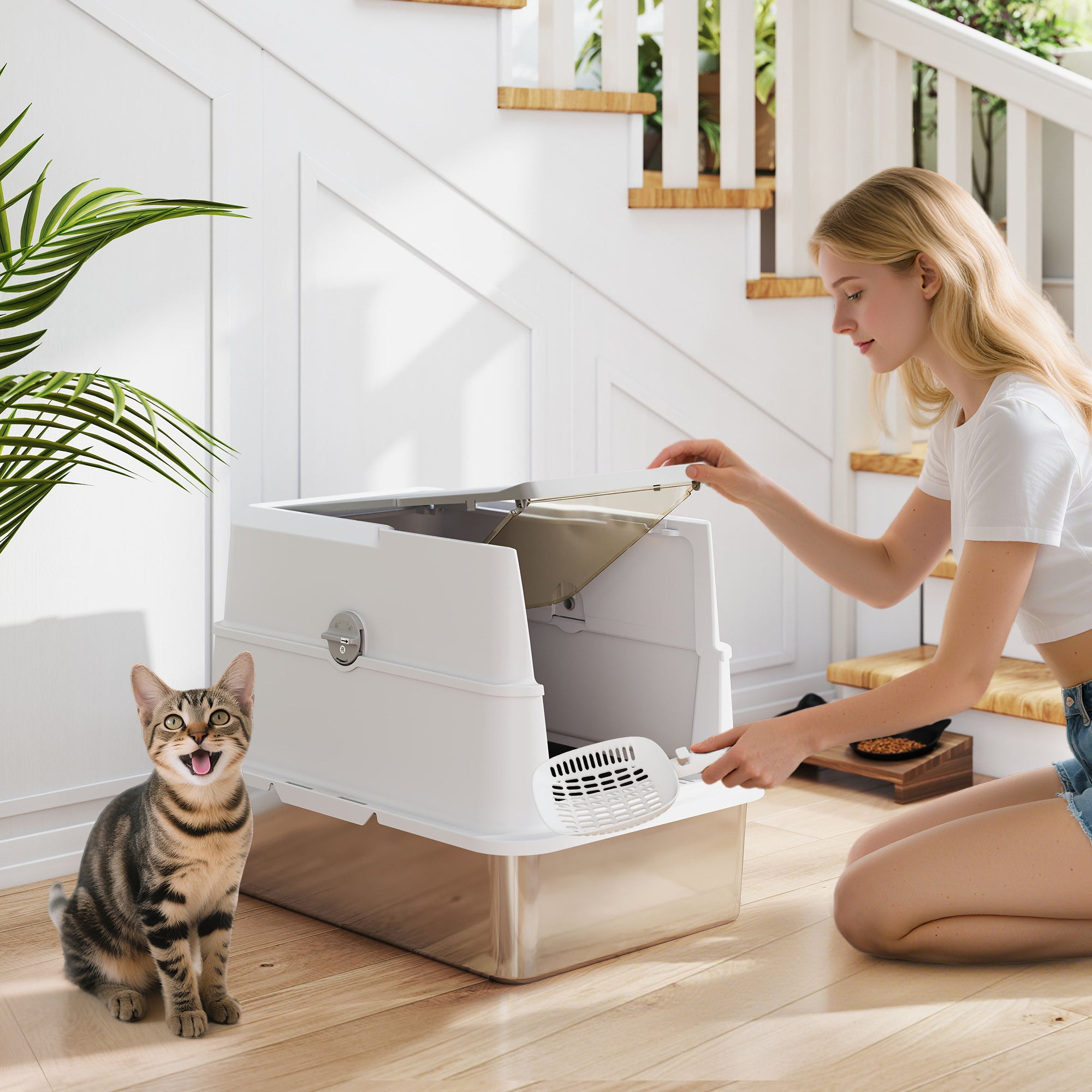Extra Large Stainless Steel Cat Litter Tray with Scoop, Flip-Top Lid, Odour Control, Modern Design