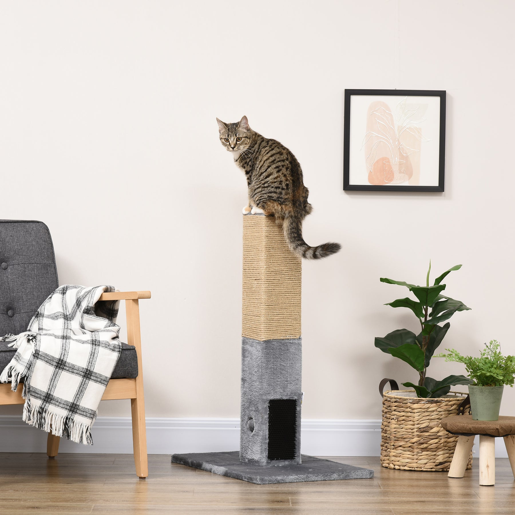 Cat Scratching Post, 79cm Tall with Jute Scratcher and Climbing Activity Centre, Carpet Base and Dangling Ball, Grey