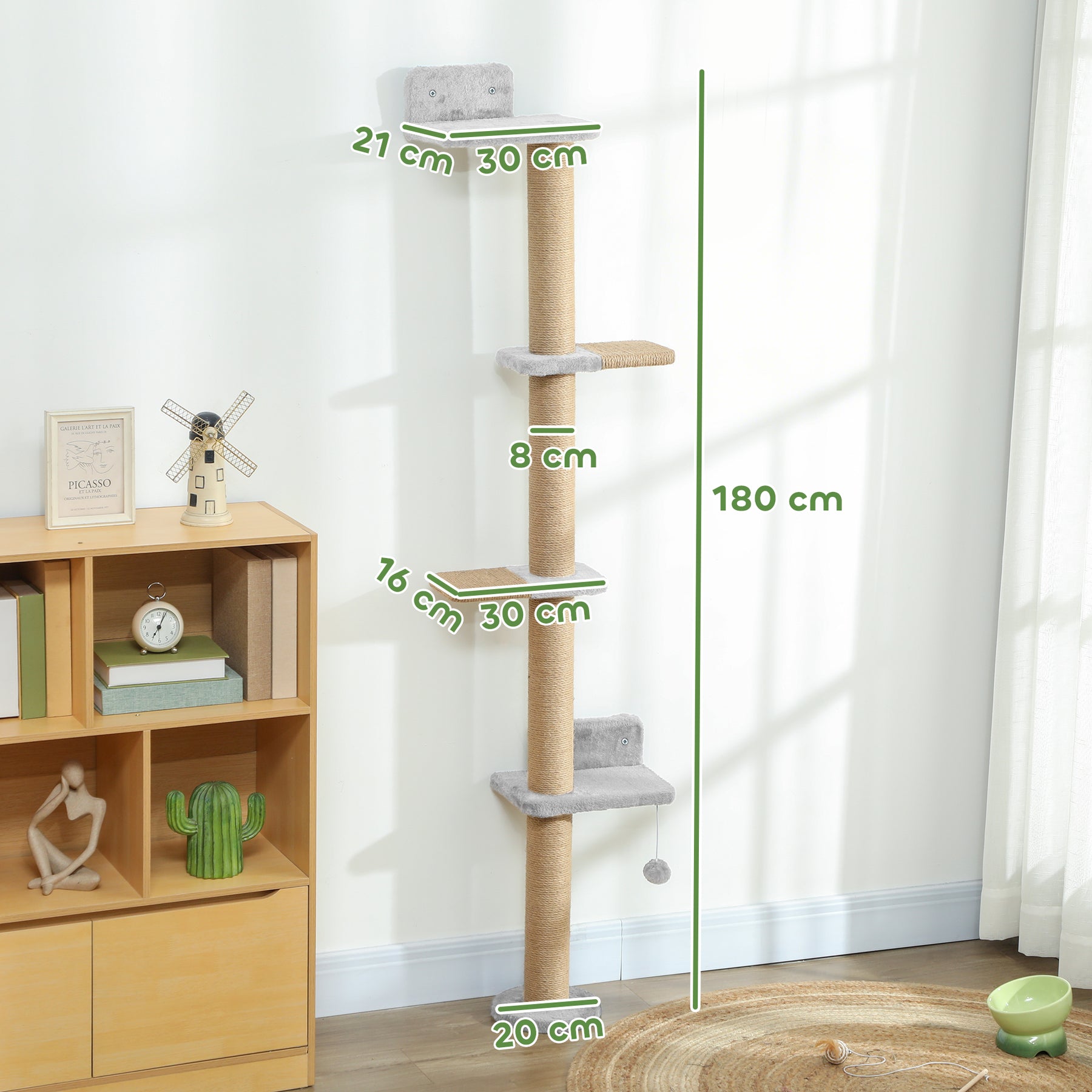 Wall Mounted Cat Shelves, Cat Climbing Wall with 4 Climbing Platforms, Jute Scratching Post and Toy Ball  Light Grey