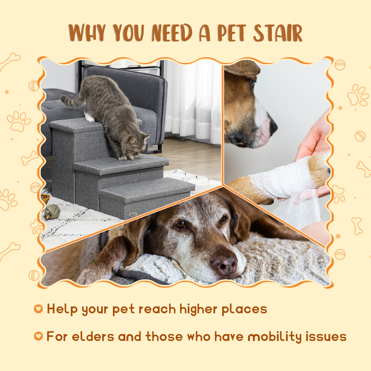 PawHut 3 Steps Pet Stairs, with Storage Boxes, for Bed, Couches - Grey PawHut