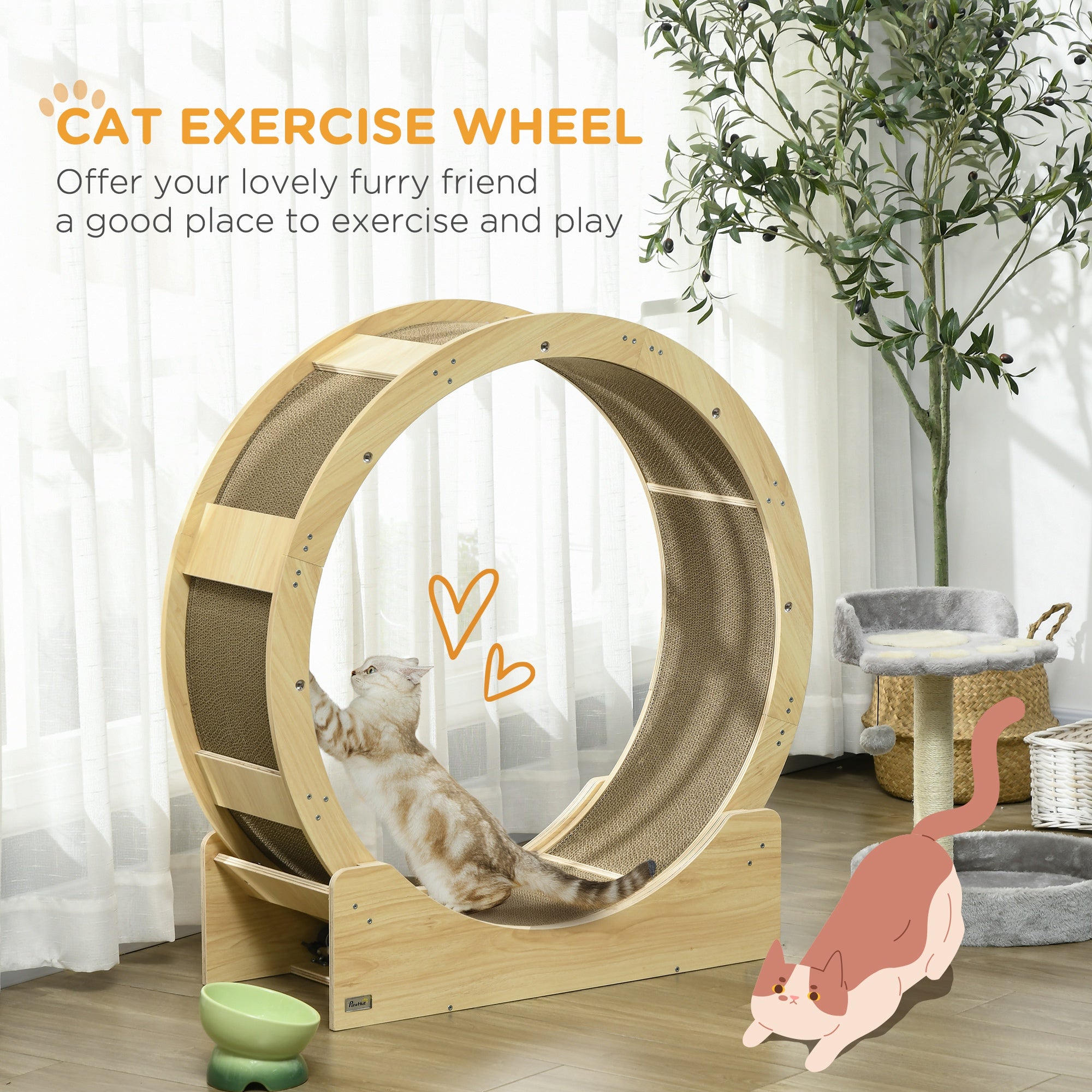 Cat Wheel with Brake, Scratching Pads, Oak