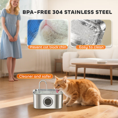 PawHut 3.2L Cat Water Fountain for Drinking, Cat Fountain Stainless Steel with Visible Water-Level Window, Ultra-Silent Pump PawHut