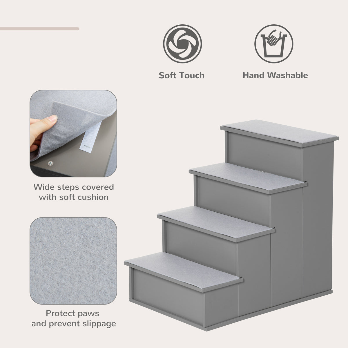 PawHut 4 Step Dog Steps for Bed, Wooden Dog Steps for Sofa, Pet Stairs for Bed Couch with Non-Slip Carpet for Cats and Puppies, 40 x 59 x 54.2 cm, Grey PawHut