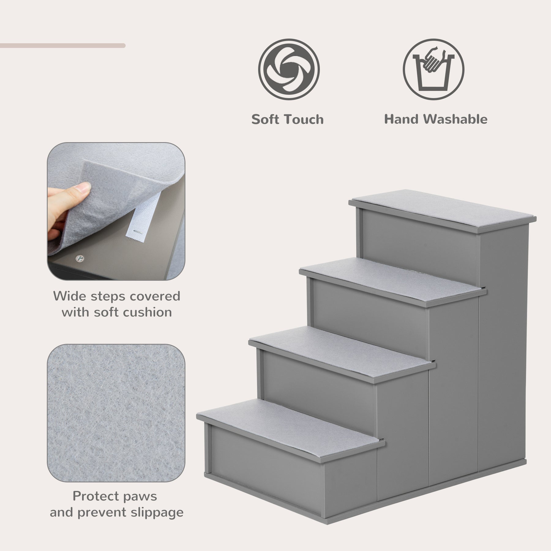 Cushioned Pet Stairs, 4 Step Wooden Ramp for Dogs, Cats, Non-Slip Carpet, Grey