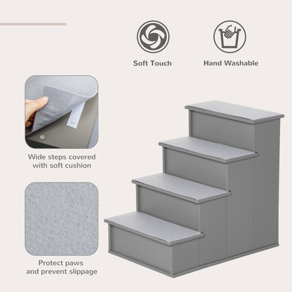 PawHut 4 Step Dog Steps for Bed, Wooden Dog Steps for Sofa, Pet Stairs for Bed Couch with Non-Slip Carpet for Cats and Puppies, 40 x 59 x 54.2 cm, Grey PawHut