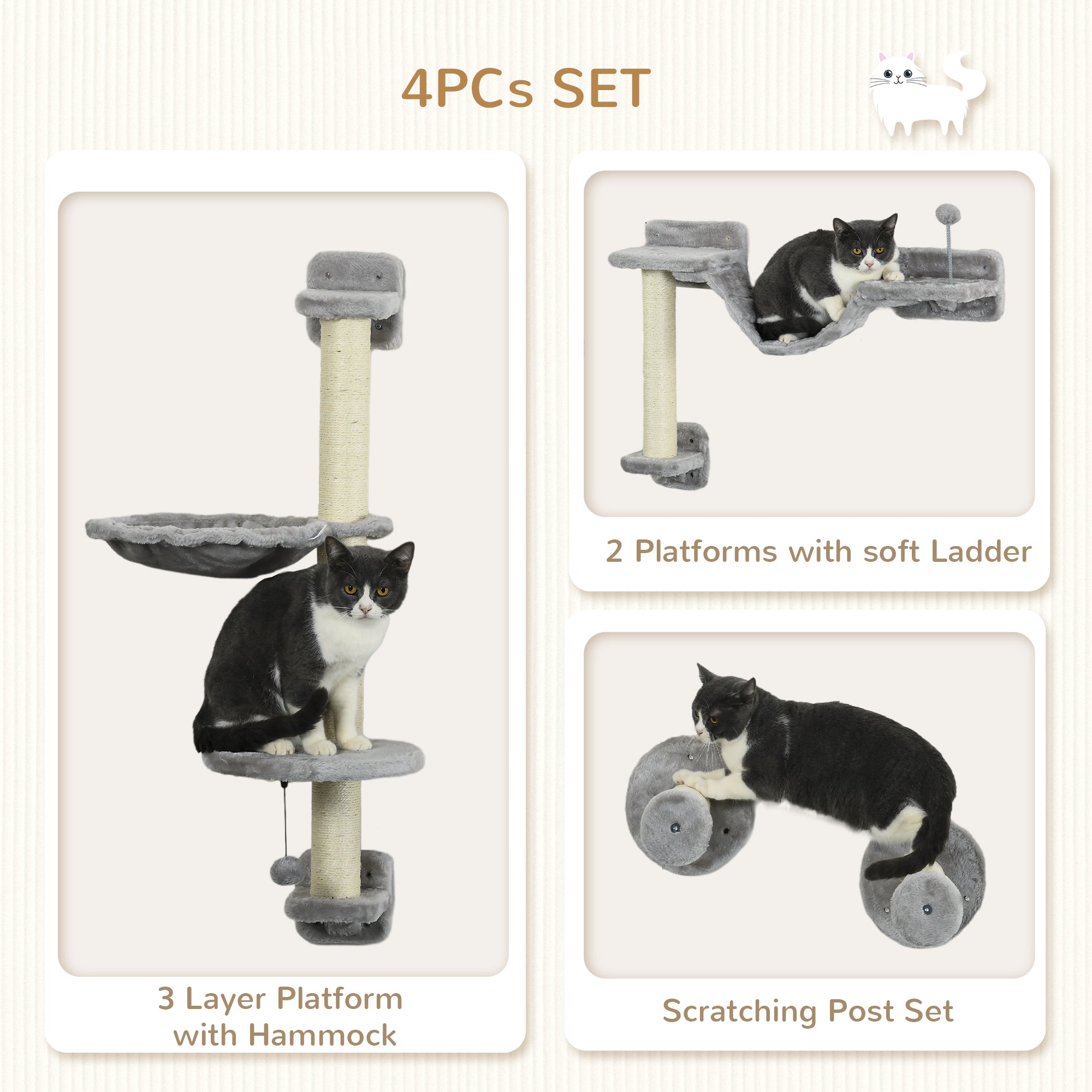 Cat Shelves Fit Cat Up to 5kg, 4-Piece Set with Hammock, Perches, Ladder, Scratching Post, Safe for Cats to Play, Grey